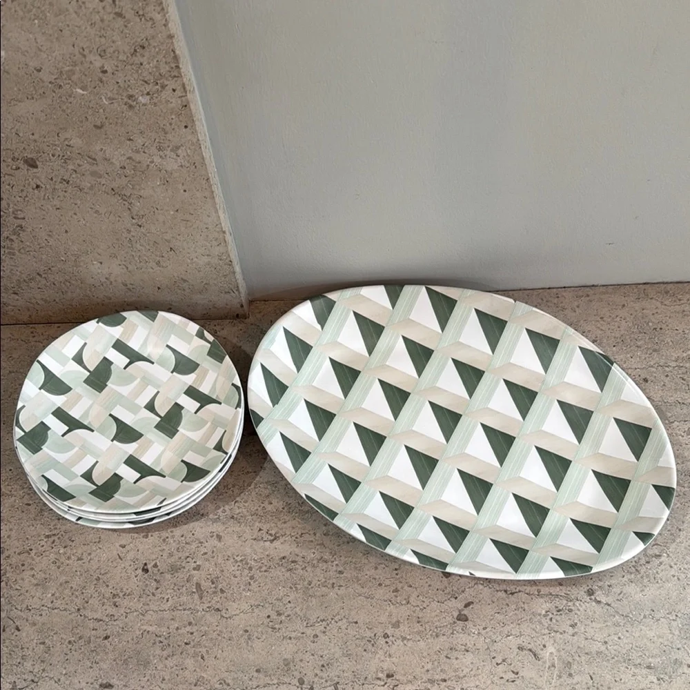 Crate&Barrel Elegant Green and White Melamine Dinnerware Set